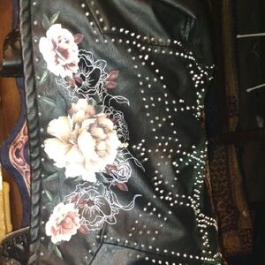 Blank NYC Black and Pink Leather Jacket with Studded Floral Design